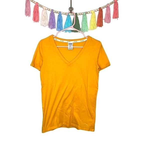 PINK Victoria's Secret Tops - Victoria’s Secret Pink Yellow V-Neck Short Sleeve T-Shirt Sleepwear Extra Small